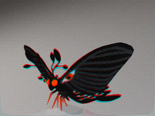 a 3d animation of a creepy black butterfly with eyes on its wings