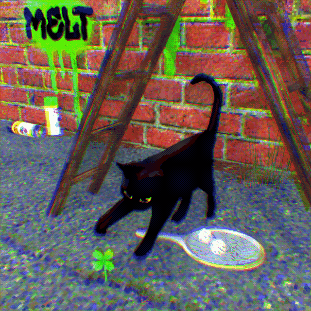 a lowpoly 3d gif of a black cat pawing at a four leaf clover growing out of the asphalt, they are in front of a brick wall with graffiti that reads 'melt', under a wooden ladder, and above a broken mirror with two dice that rolled snake eyes.