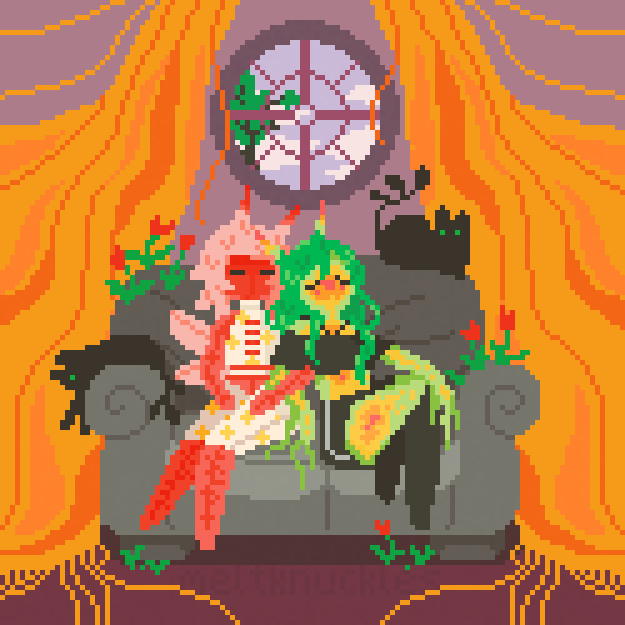 a pixel art drawing of a red and green slime girl cuddling on the couch with some cats