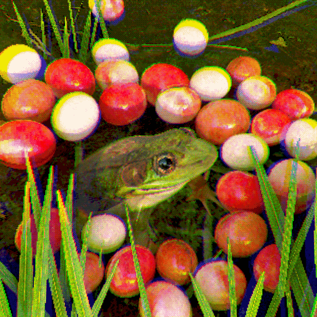 a lowpoly 3d animation of a frog partially submerged in water, surrounded by floating cranberries and grass. the frog croaks twice.