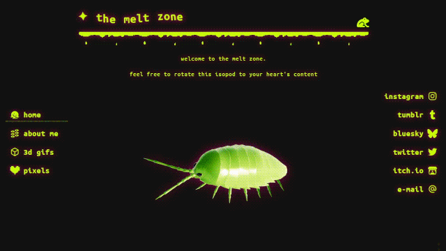 animation of browsing through my new website, it has a rotatable isopod, about me, 3d gifs, and pixel art, as well as a link to my social medias