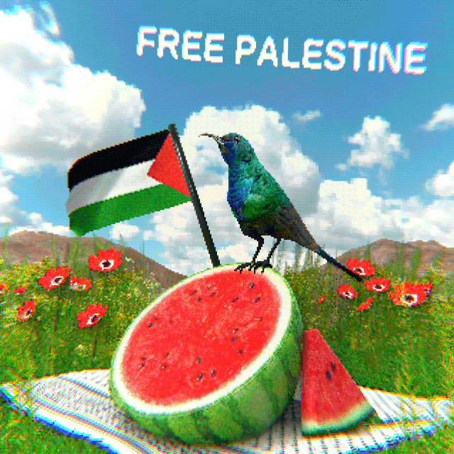 a crunchy gif of a palestinian sunbird atop a watermelon, with the palestine flag waving in the background. the watermelon half and slice sit atop a keffiyeh patterned picnic blanket, in a field of poppies and the text 'free palestine' float in the clouds.