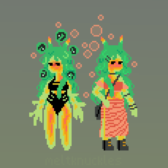 a pixel art ref sheet of a green slime girl