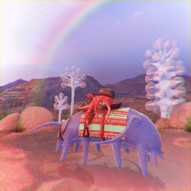 a wobbly gif of a cowboy king crab atop a sea pig steed in a desert landscape dotted with carnivorous ping-pong sea sponges, rocks, and grass. there is a faint rainbow in the distance.