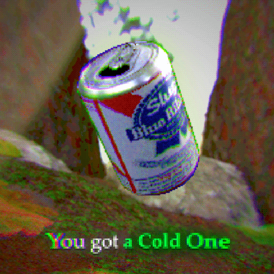 a crunchy 3d animation of a beer can rotating, with a 'Slug Blue Ribbon' label. underneath it says 'you got a cold one'