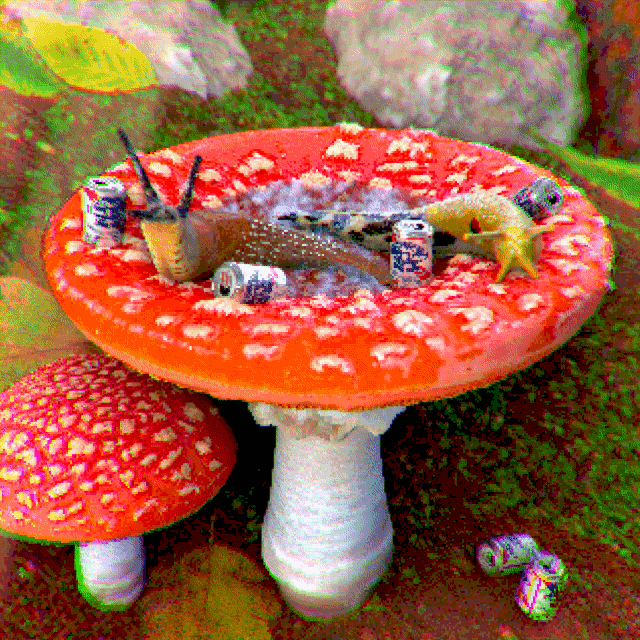 a 3d animation of two slugs hanging out in a fly agaric mushroom pool, with beers scattered around